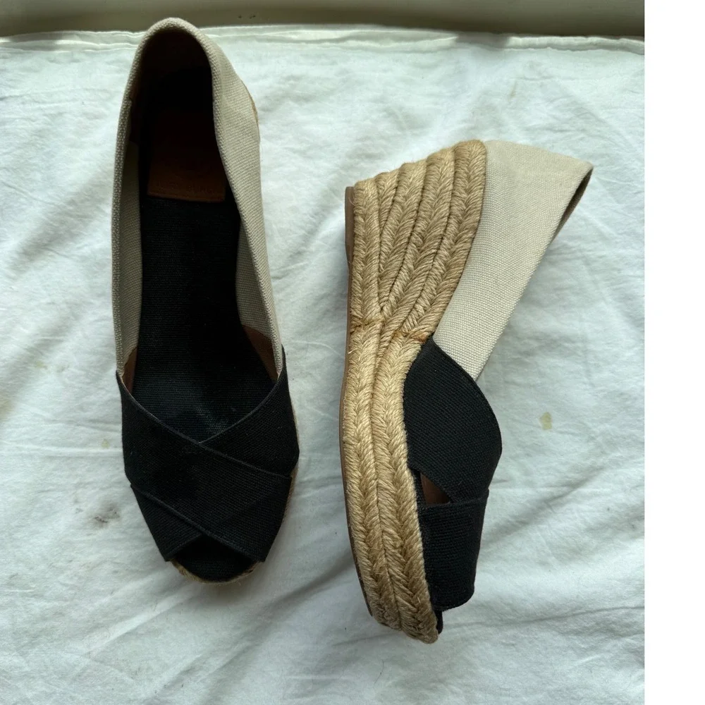 Tory Burch Women's Filipa Espadrille Wedge Canvas Peep Toe Black Cream Size 9